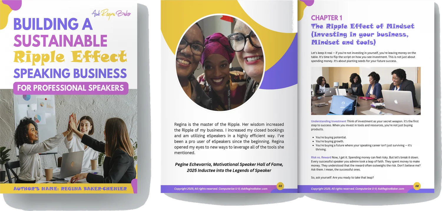 Open spread of The Ripple Effect eBook showing the cover, a testimonial page, and Chapter 1, The Ripple Effect of Mindset